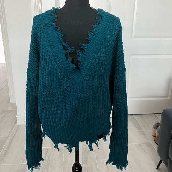 Blue V-Neck Sweater with Distressed Edges - Picture 1 of 4